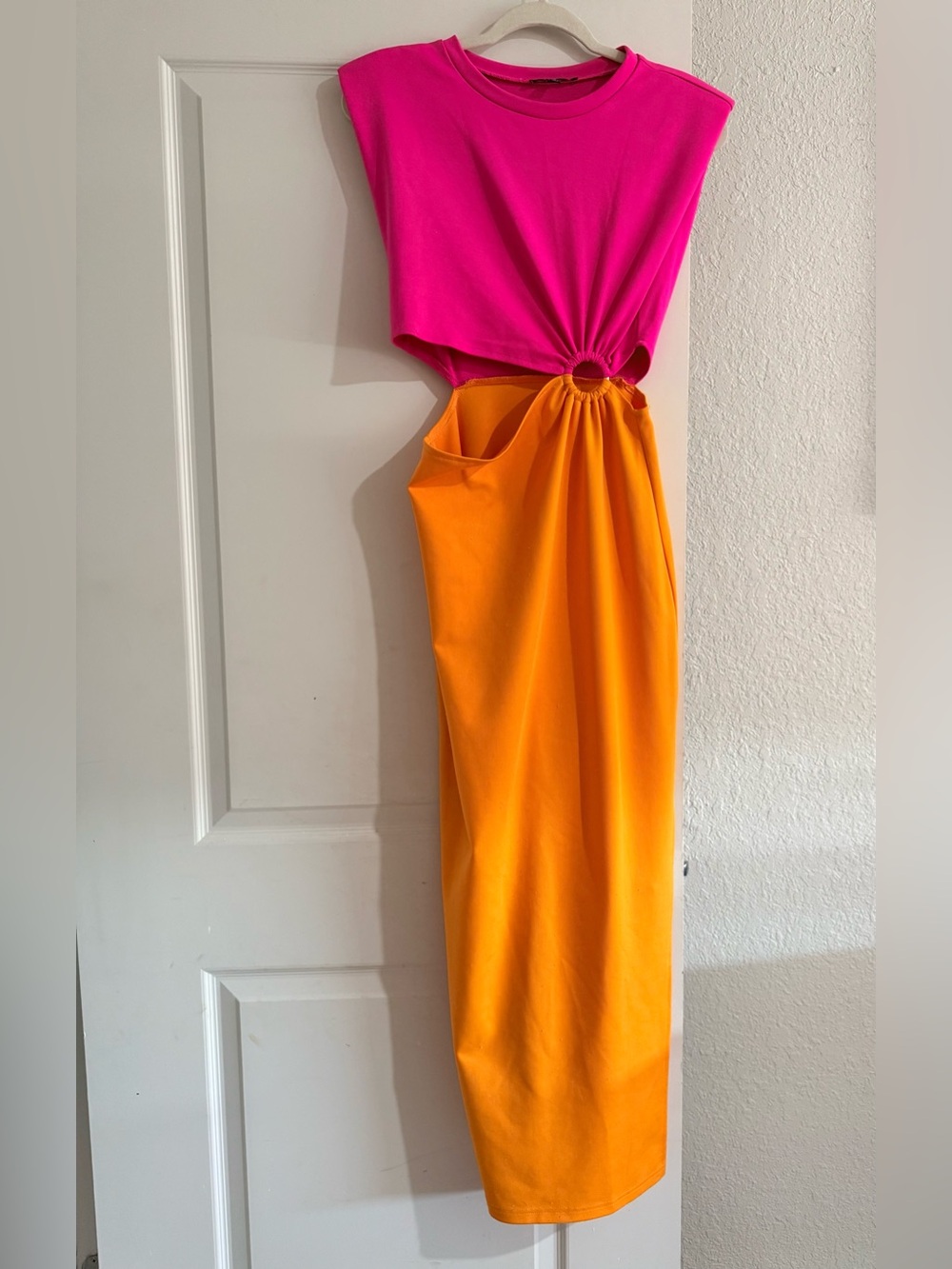 Colorblock Hot Pink and Orange Cutout Maxi Skirt by